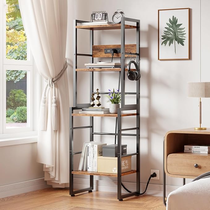 Furologee Book Shelf, 4 Tier Bookshelf with Charging Station, Industrial Small Bookcase Set of 2, Display Shelf, Stackable Book Storage Shelves for Bedroom/Living Room/Home Office, Rustic Brown
