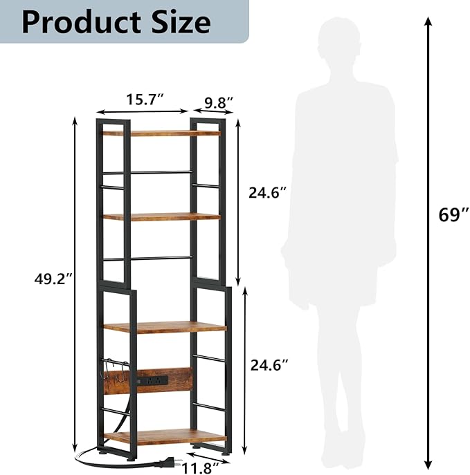 Furologee Book Shelf, 4 Tier Bookshelf with Charging Station, Industrial Small Bookcase Set of 2, Display Shelf, Stackable Book Storage Shelves for Bedroom/Living Room/Home Office, Rustic Brown