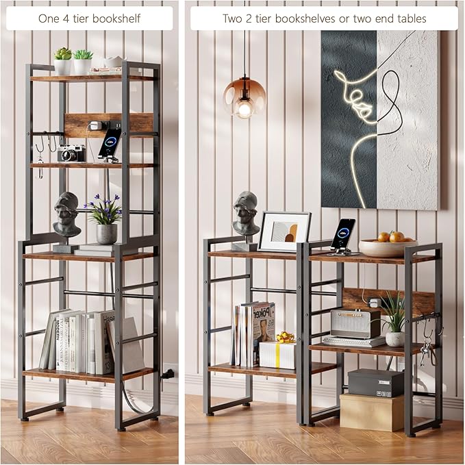 Furologee Book Shelf, 4 Tier Bookshelf with Charging Station, Industrial Small Bookcase Set of 2, Display Shelf, Stackable Book Storage Shelves for Bedroom/Living Room/Home Office, Rustic Brown