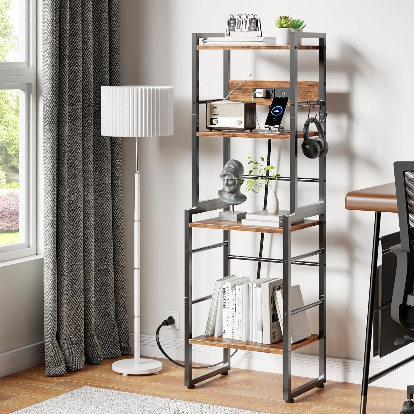 Furologee Book Shelf, 4 Tier Bookshelf with Charging Station, Industrial Small Bookcase Set of 2, Display Shelf, Stackable Book Storage Shelves for Bedroom/Living Room/Home Office, Rustic Brown