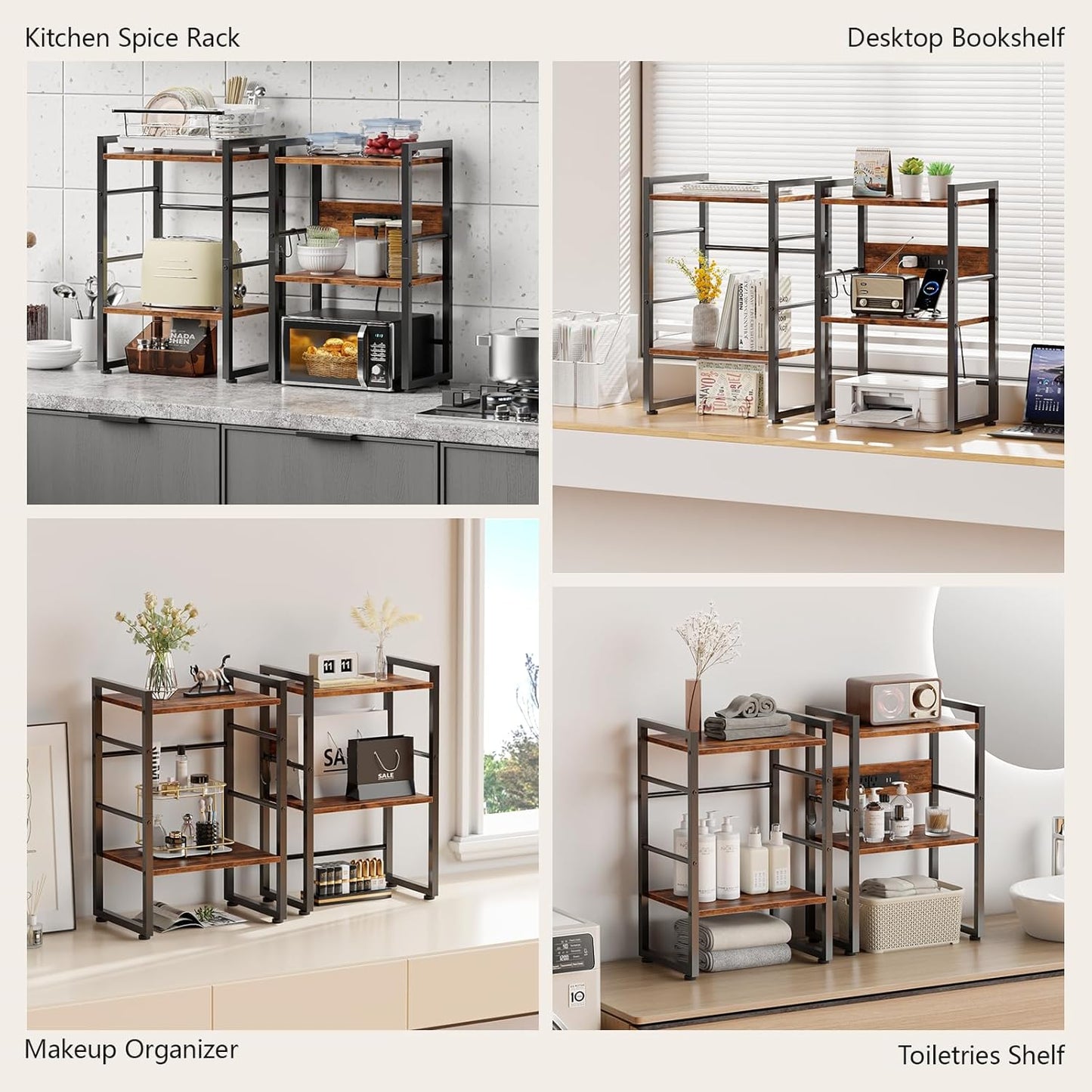 Furologee Book Shelf, 4 Tier Bookshelf with Charging Station, Industrial Small Bookcase Set of 2, Display Shelf, Stackable Book Storage Shelves for Bedroom/Living Room/Home Office, Rustic Brown