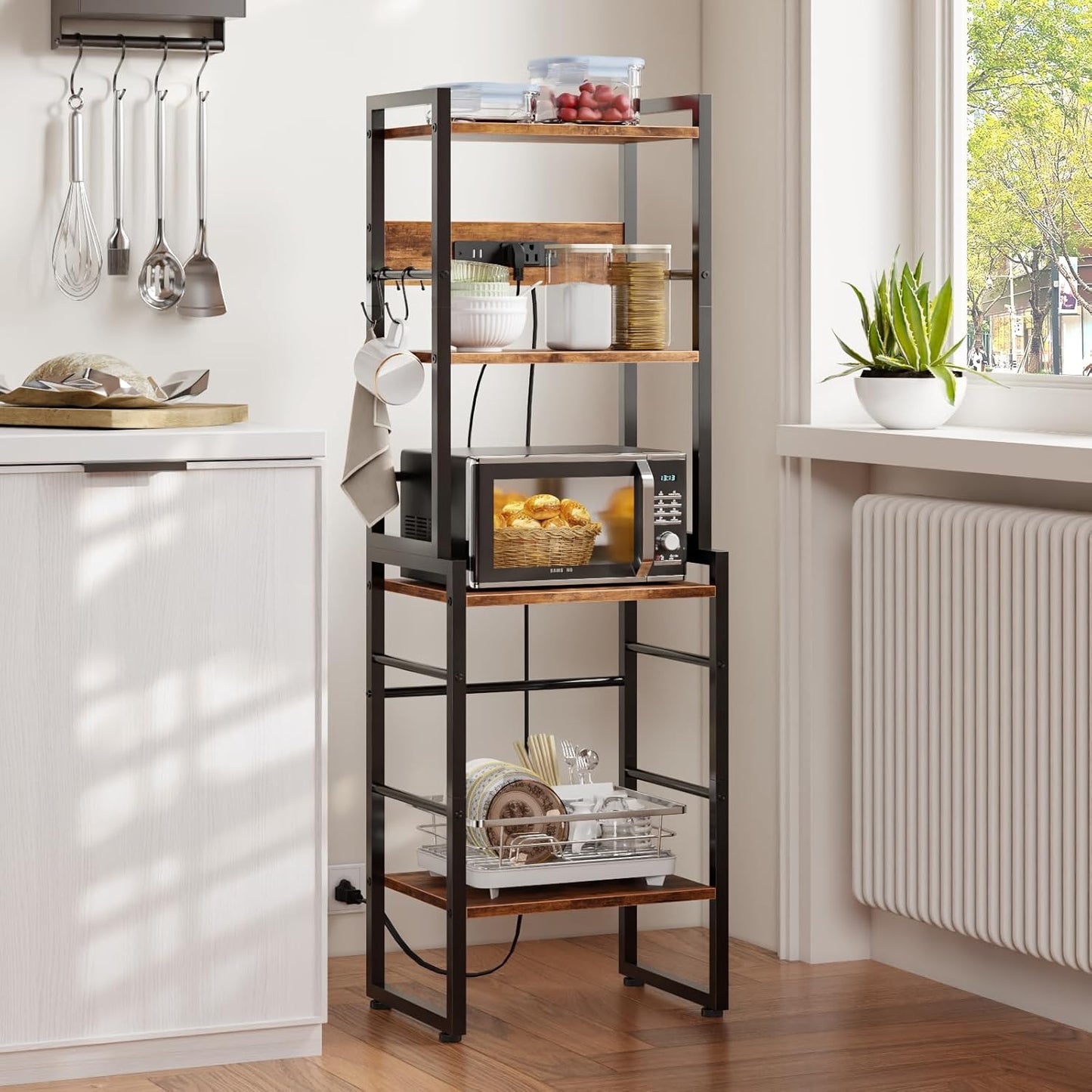 Furologee Book Shelf, 4 Tier Bookshelf with Charging Station, Industrial Small Bookcase Set of 2, Display Shelf, Stackable Book Storage Shelves for Bedroom/Living Room/Home Office, Rustic Brown
