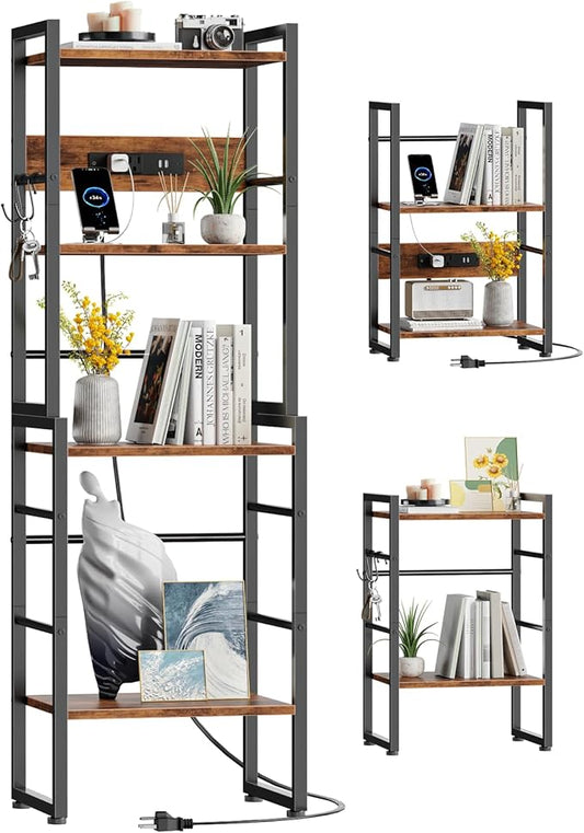 Furologee Book Shelf, 4 Tier Bookshelf with Charging Station, Industrial Small Bookcase Set of 2, Display Shelf, Stackable Book Storage Shelves for Bedroom/Living Room/Home Office, Rustic Brown