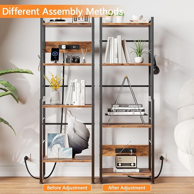 Furologee Book Shelf, 4 Tier Bookshelf with Charging Station, Industrial Small Bookcase Set of 2, Display Shelf, Stackable Book Storage Shelves for Bedroom/Living Room/Home Office, Rustic Brown