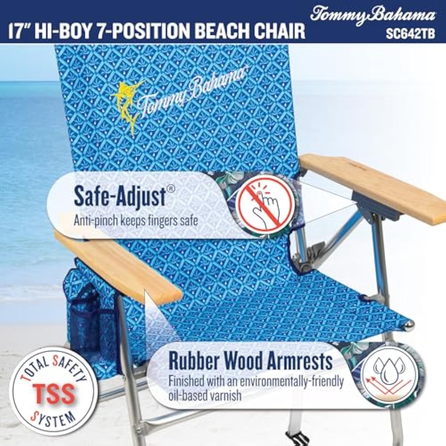 Tommy Bahama Hi-Boy 7-Position Folding Beach Chair with Cup Holder and Zippered Storage Pouch