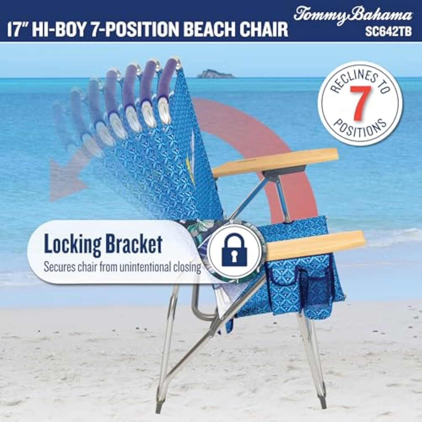 Tommy Bahama Hi-Boy 7-Position Folding Beach Chair with Cup Holder and Zippered Storage Pouch