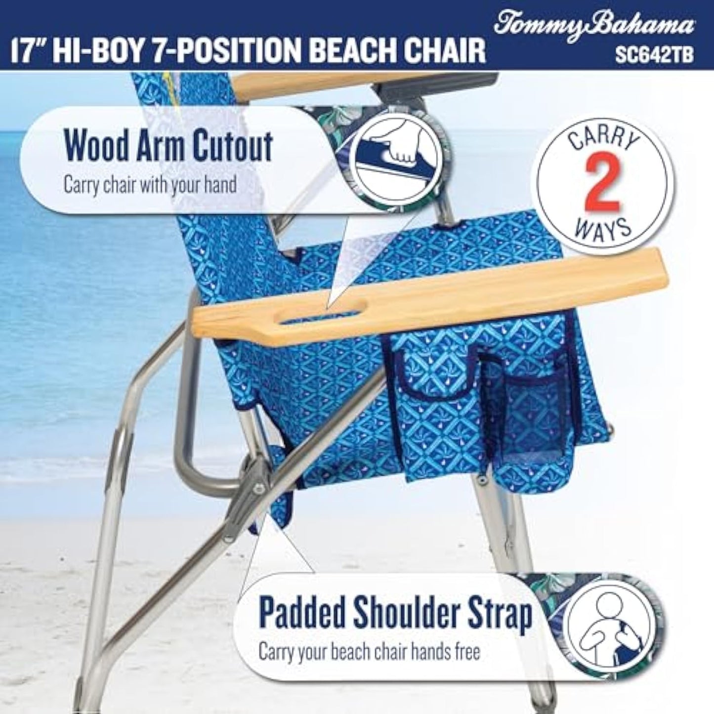 Tommy Bahama Hi-Boy 7-Position Folding Beach Chair with Cup Holder and Zippered Storage Pouch