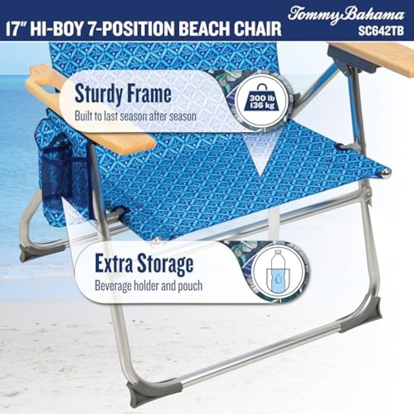 Tommy Bahama Hi-Boy 7-Position Folding Beach Chair with Cup Holder and Zippered Storage Pouch